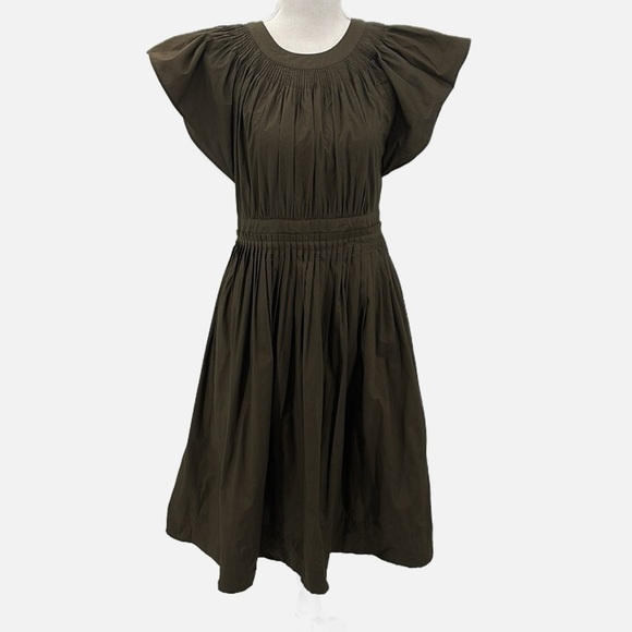 Ulla Johnson Lottie Hand Pleated Cotton Dress in Army - See Measurements - Picture 4 of 9